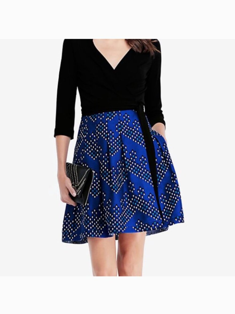 Diane Von Furstenberg Wool-Silk Black and Blue Print Jewel Wrap Dress - Size 8